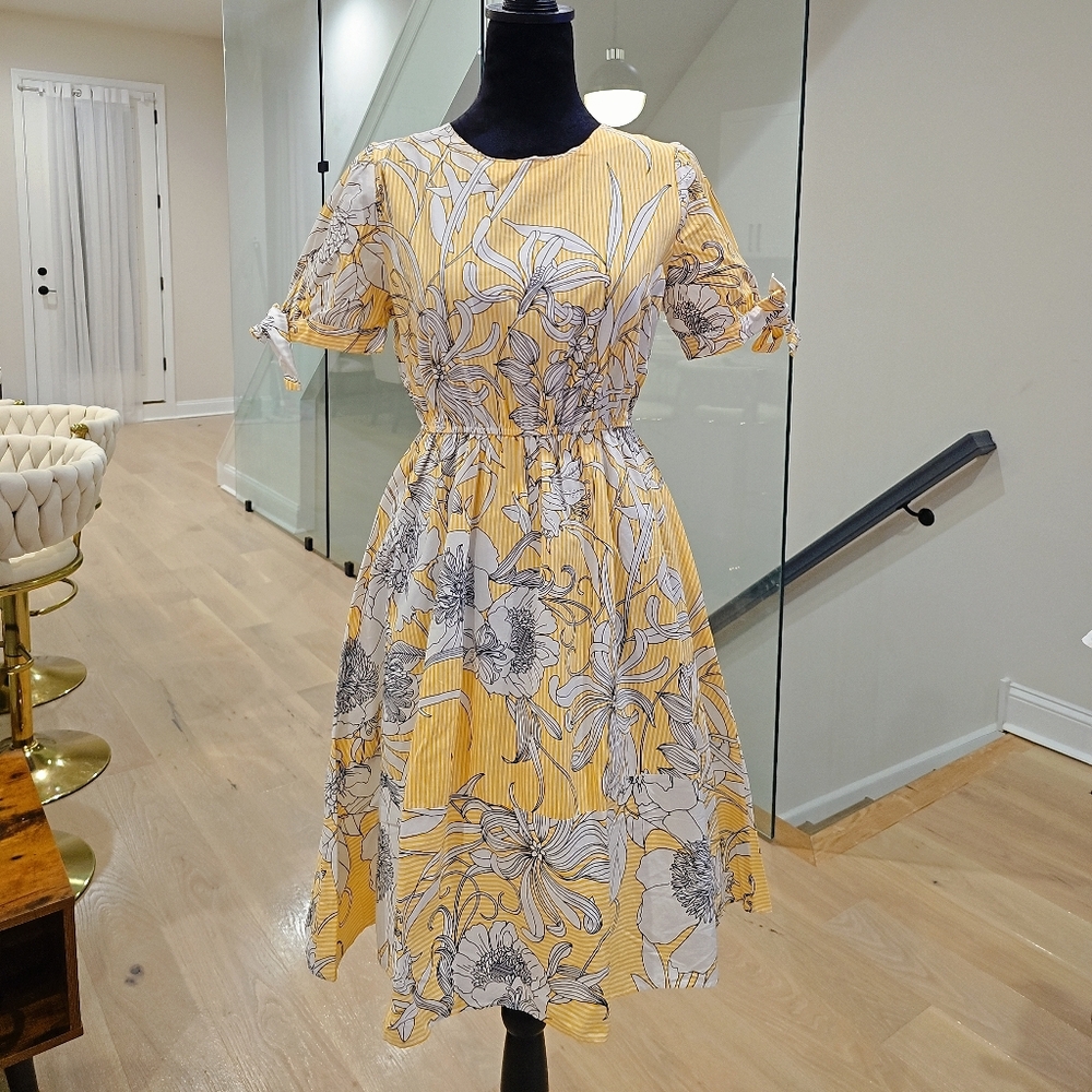 Black Diamond Yellow Floral Midi Dress with White and Gray Print